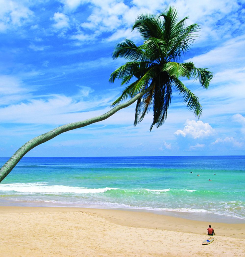 ca. 2005, Sri Lanka --- Palm tree and surfer, Hikkaduwa beach, island of Sri Lanka, Indian Ocean, Asia --- Image by © Yadid Levy/Robert Harding World Imagery/Corbis